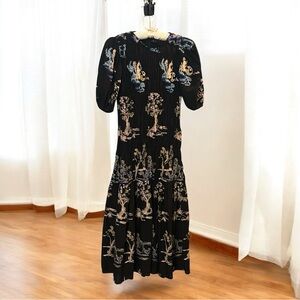Zara Black Midi Dress with Embroidered Asian Print